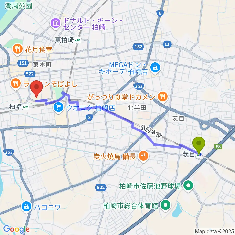 茨目駅からFMピッカラへのルートマップ地図