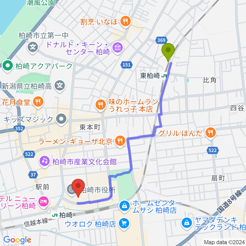 東柏崎駅からFMピッカラへのルートマップ地図