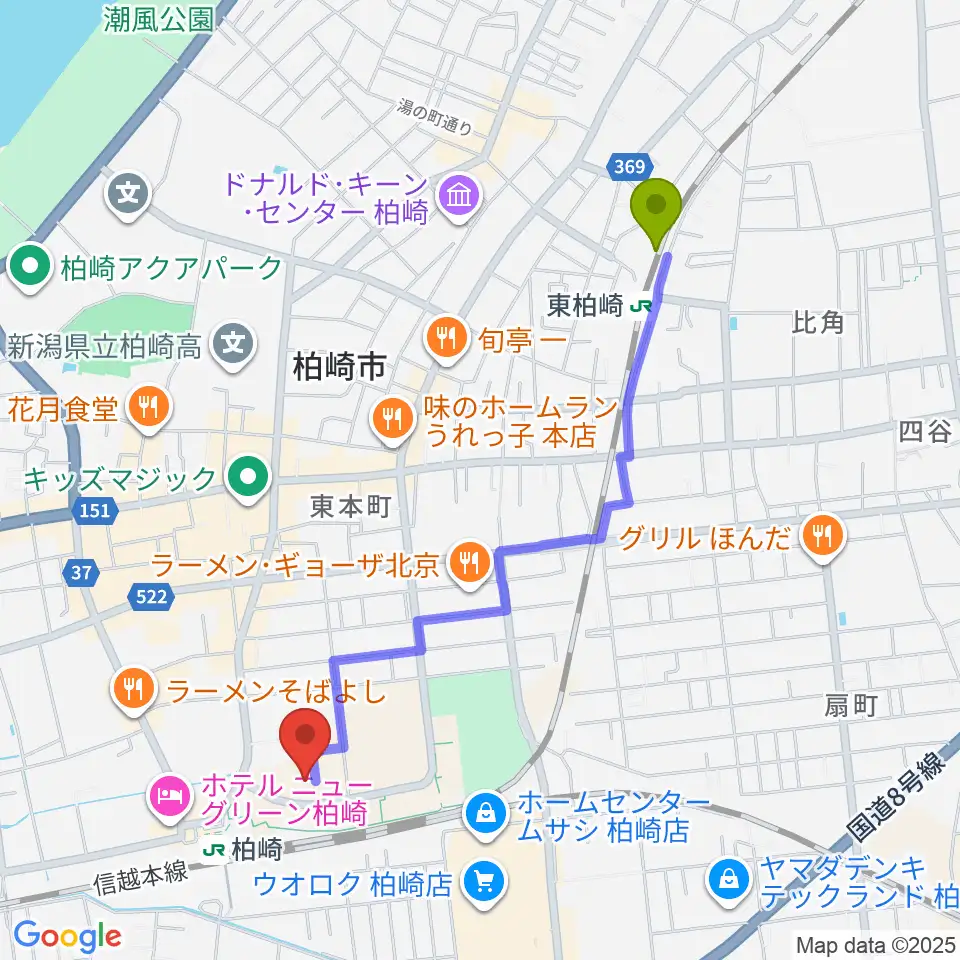 東柏崎駅からFMピッカラへのルートマップ地図