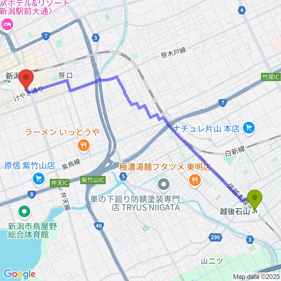 越後石山駅からFM KENTOへのルートマップ地図
