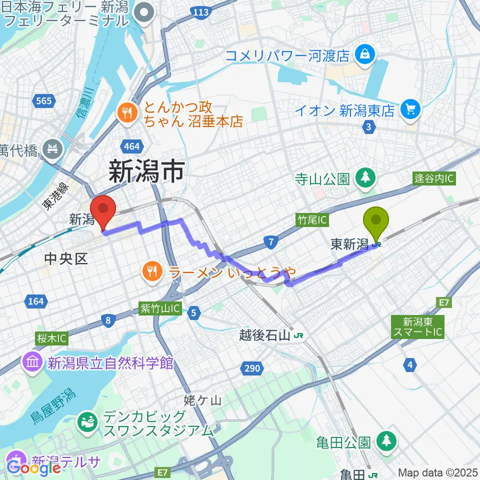 東新潟駅からFM KENTOへのルートマップ地図