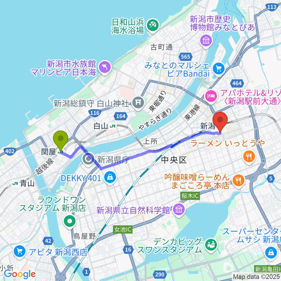 関屋駅からFM KENTOへのルートマップ地図