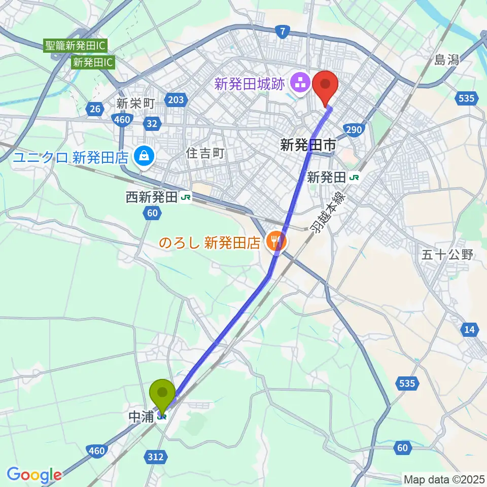 中浦駅からエフエムしばた シバラジへのルートマップ地図