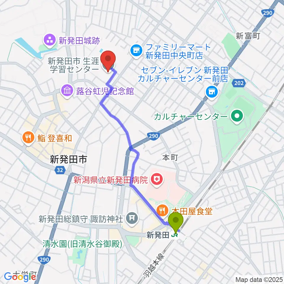 エフエムしばた シバラジの最寄駅新発田駅からの徒歩ルート（約19分）地図