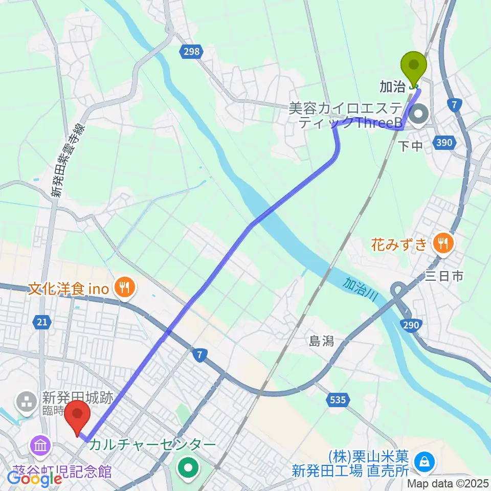 加治駅からエフエムしばた シバラジへのルートマップ地図