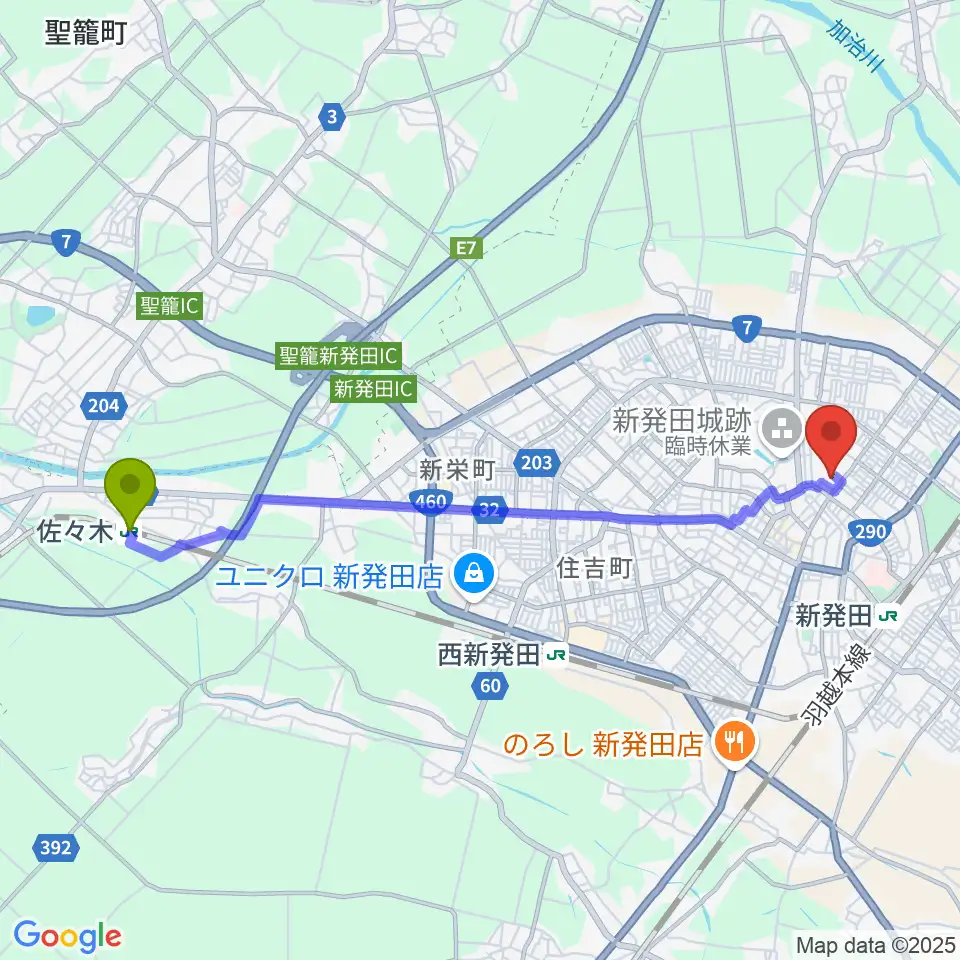 佐々木駅からエフエムしばた シバラジへのルートマップ地図