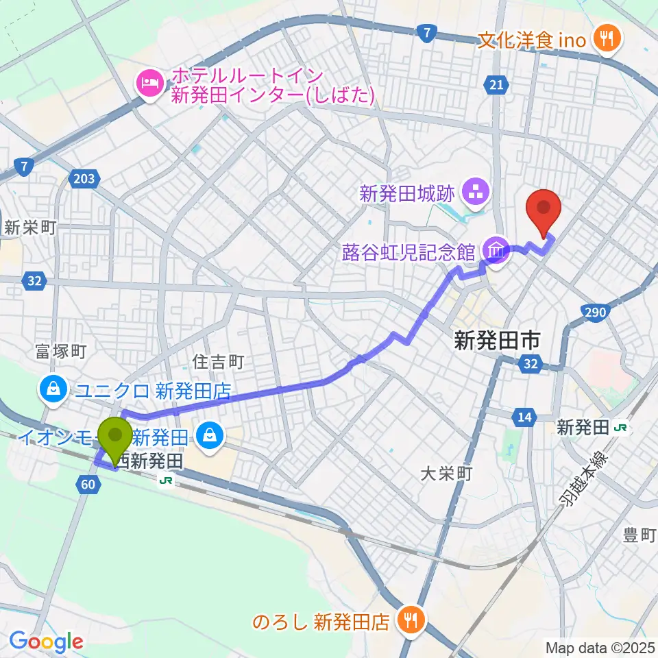 西新発田駅からエフエムしばた シバラジへのルートマップ地図