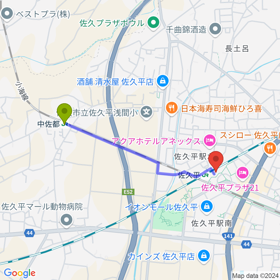 中佐都駅からFMさくだいらへのルートマップ地図