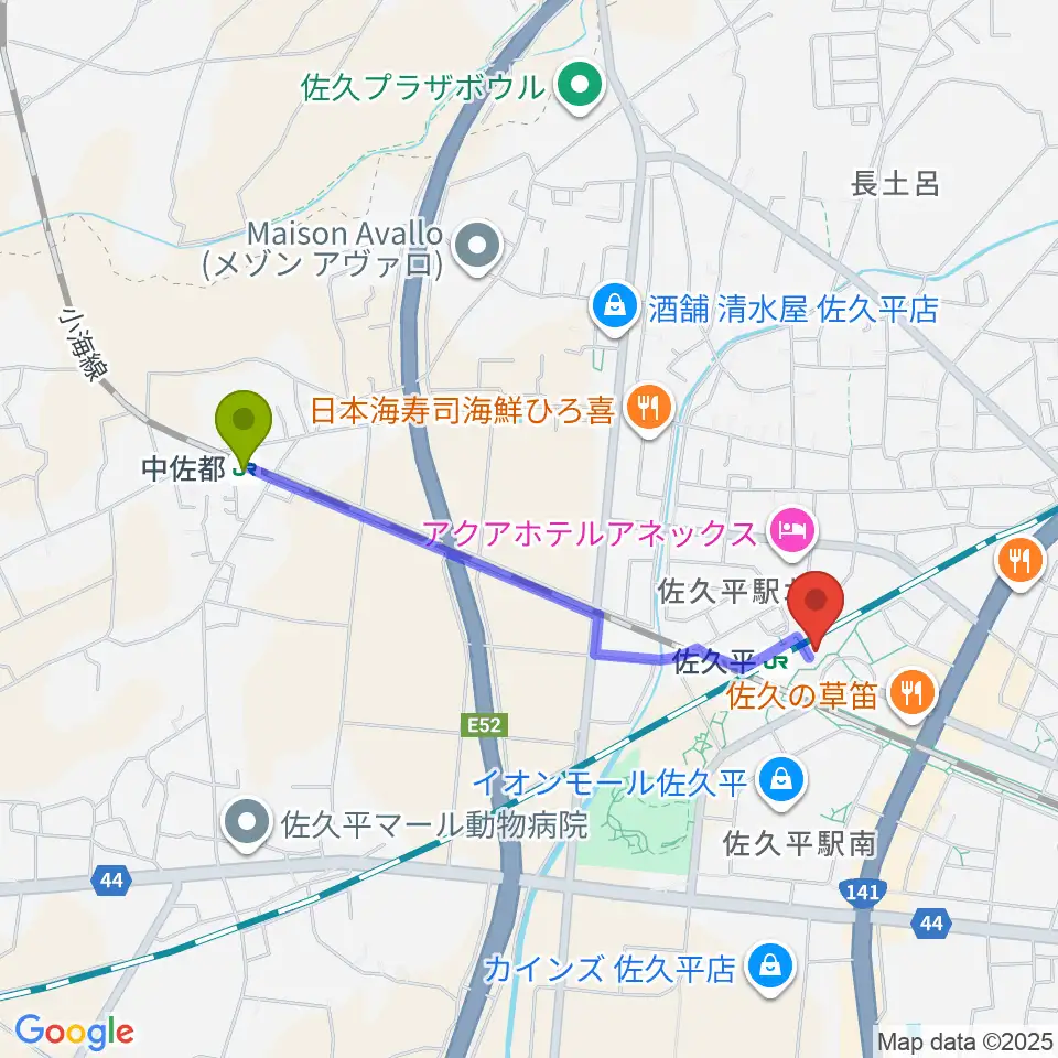 中佐都駅からFMさくだいらへのルートマップ地図