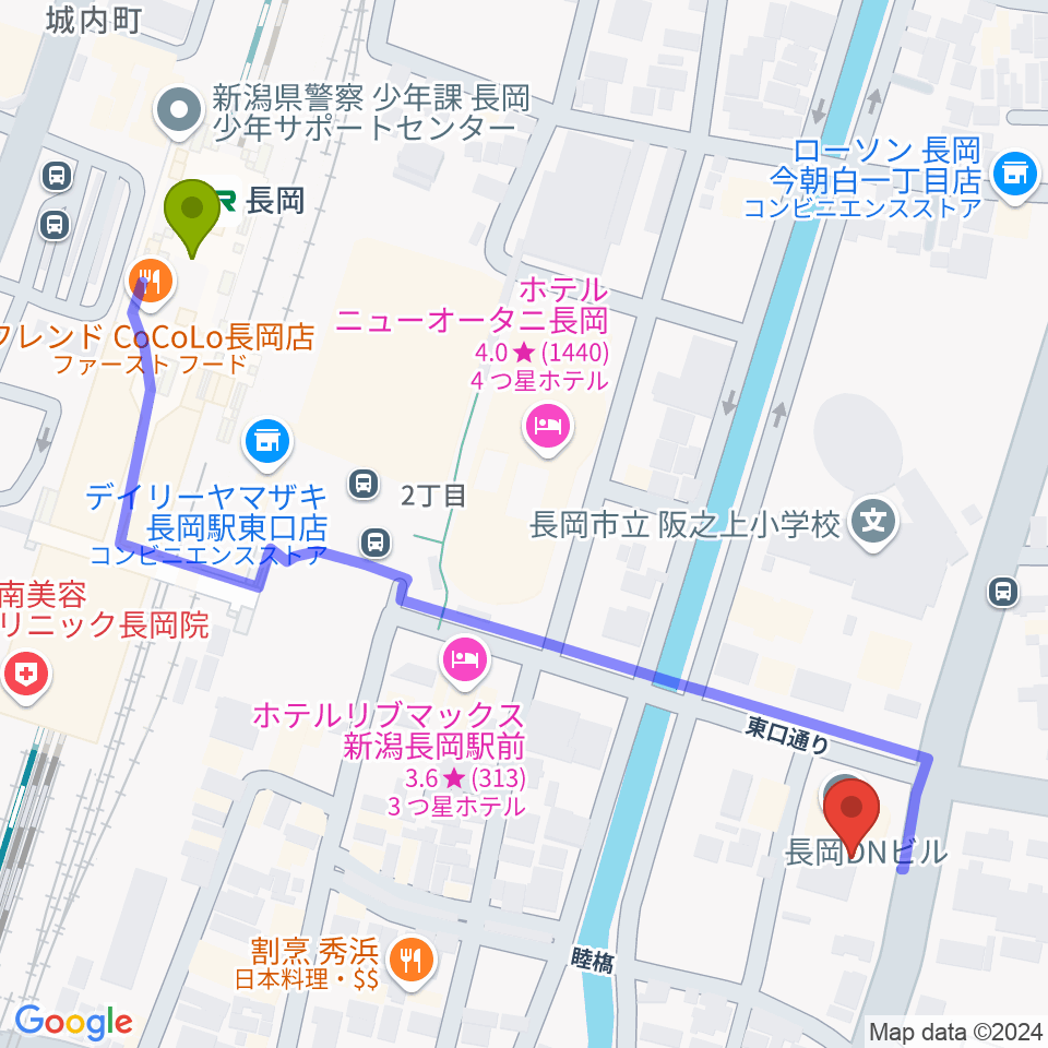 FMながおかの最寄駅長岡駅からの徒歩ルート（約6分）地図