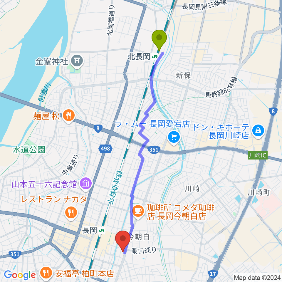 北長岡駅からFMながおかへのルートマップ地図