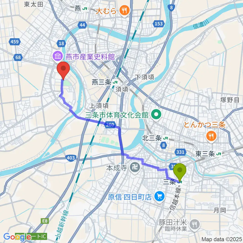 三条駅から燕三条エフエムへのルートマップ地図