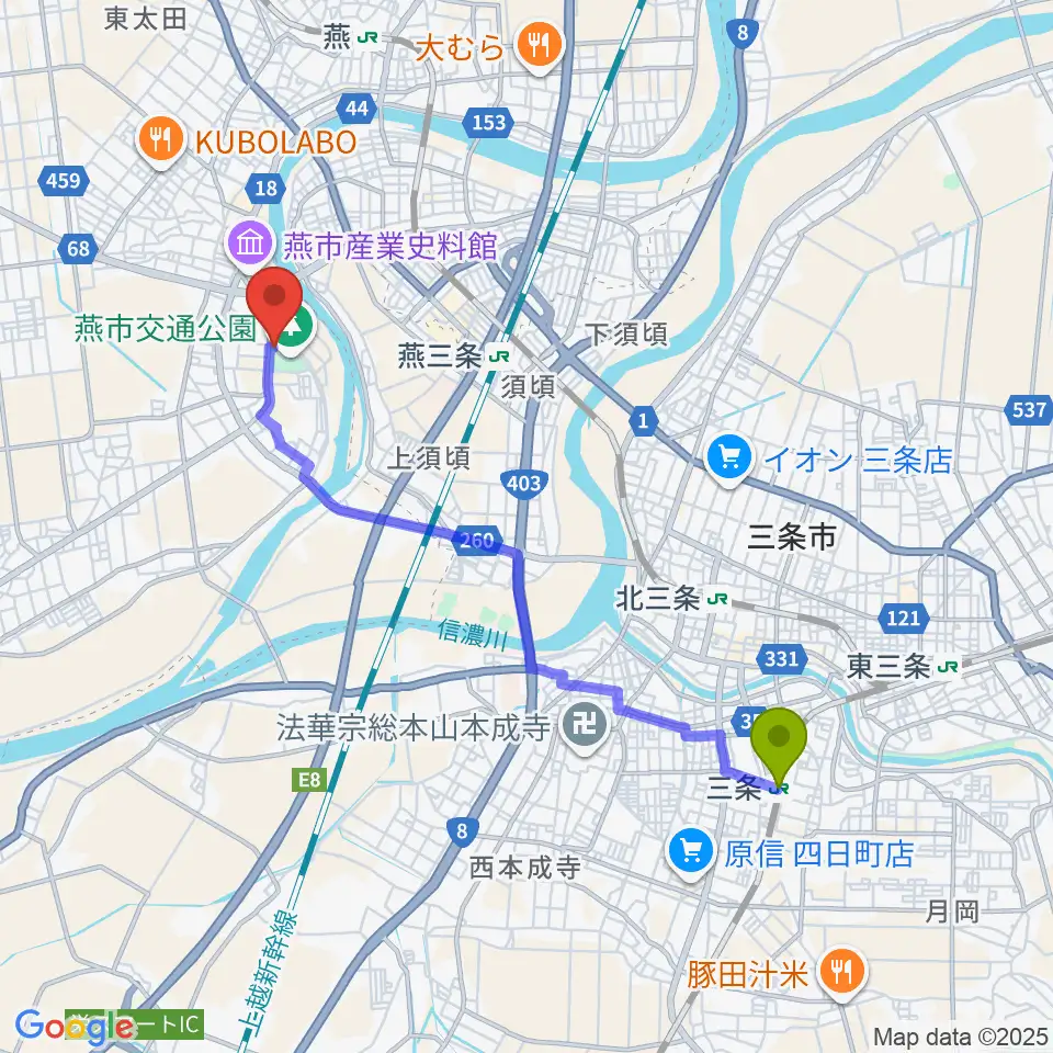 三条駅から燕三条エフエムへのルートマップ地図
