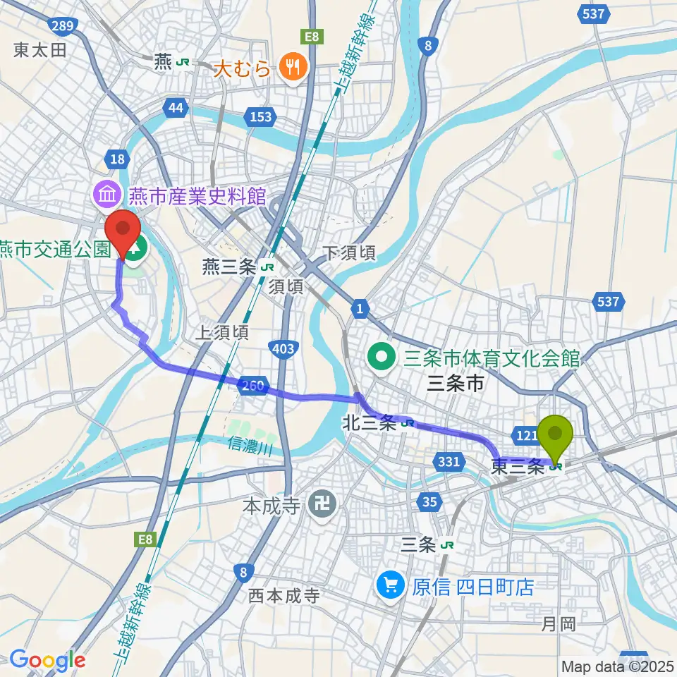 東三条駅からラヂオは～とへのルートマップ地図