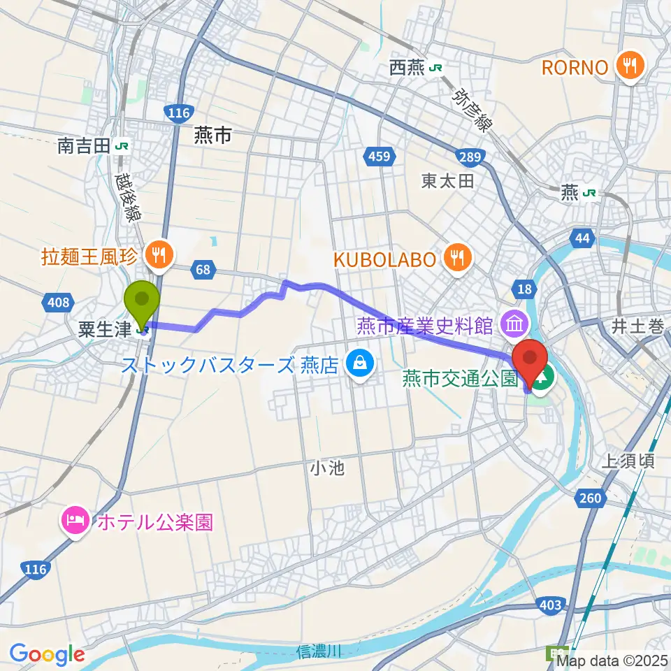 粟生津駅から燕三条エフエムへのルートマップ地図