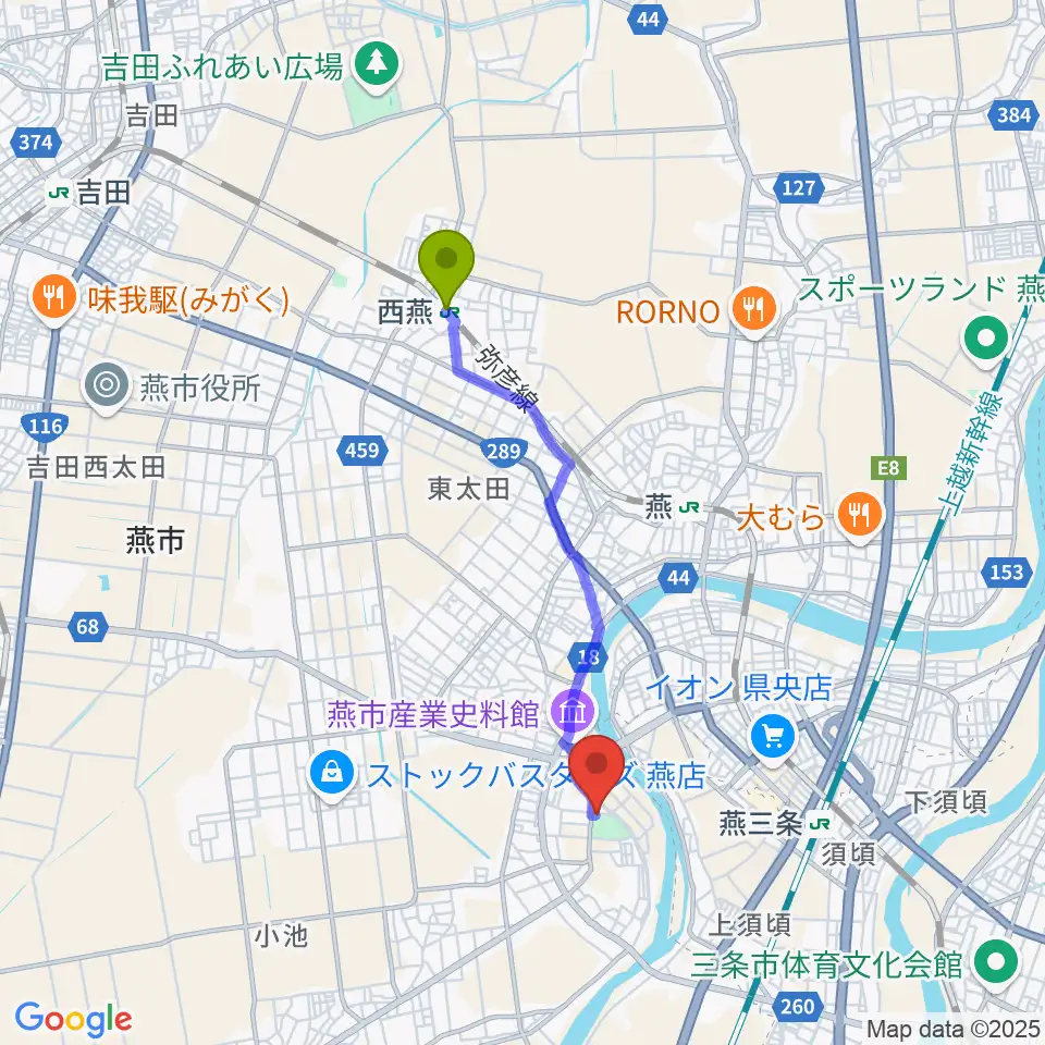 西燕駅から燕三条エフエムへのルートマップ地図