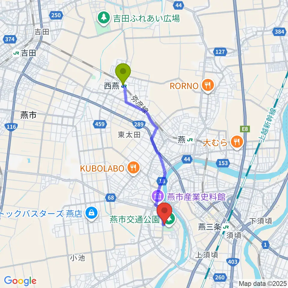 西燕駅から燕三条エフエムへのルートマップ地図