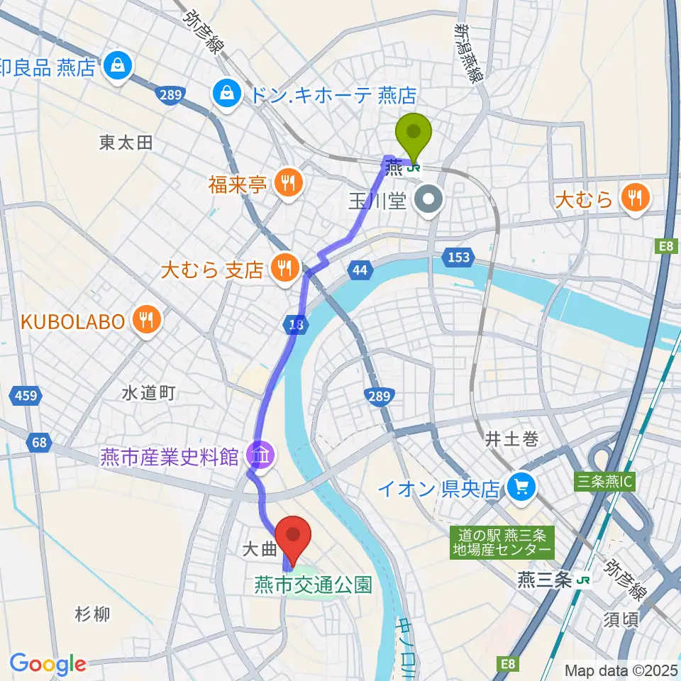 燕駅から燕三条エフエムへのルートマップ地図
