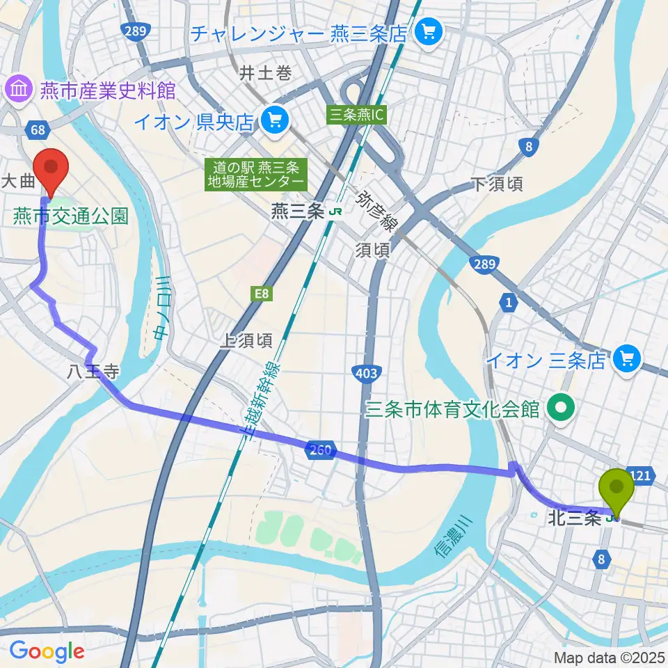 北三条駅からラヂオは～とへのルートマップ地図