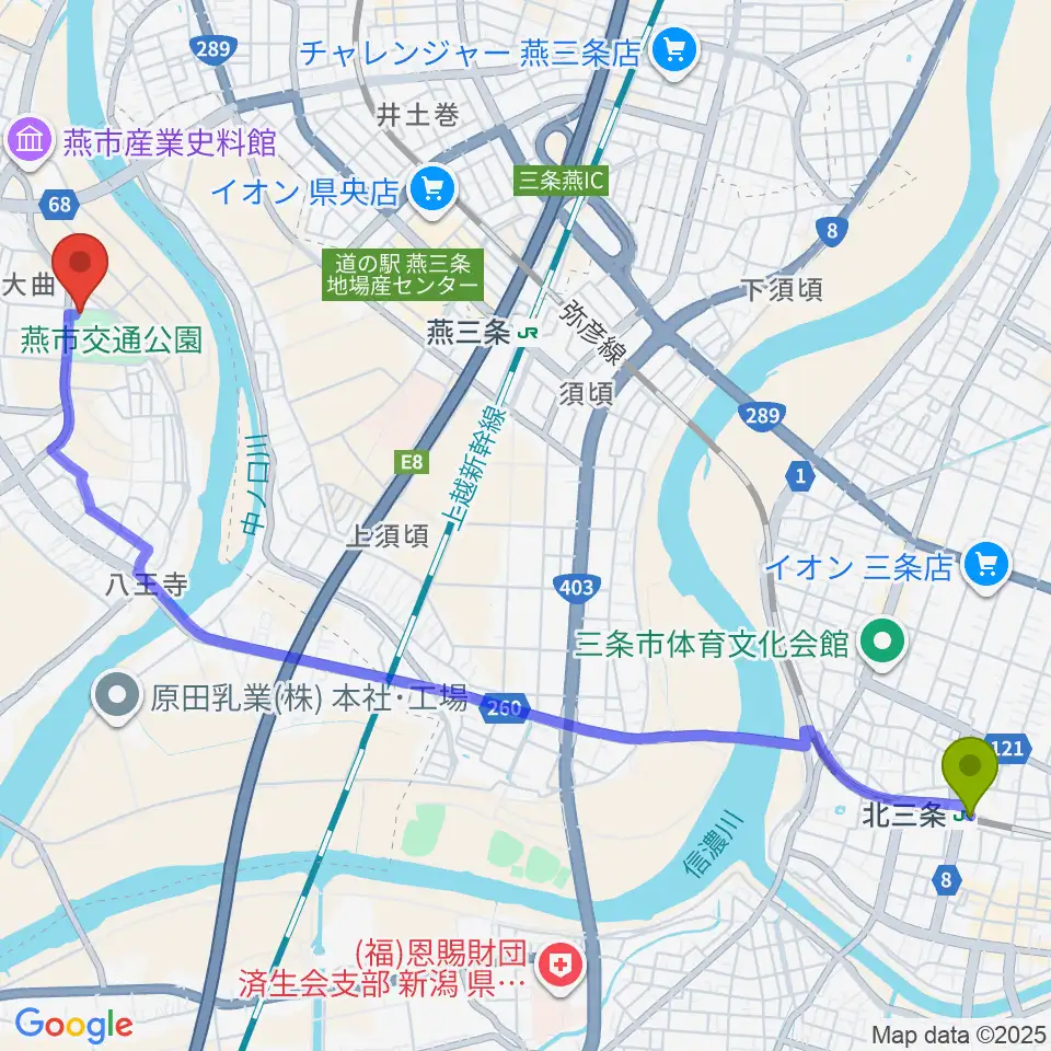 北三条駅から燕三条エフエムへのルートマップ地図