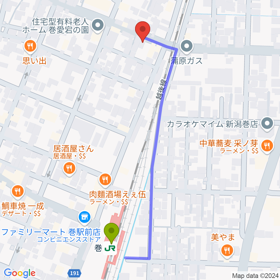 ぽかぽかラジオの最寄駅巻駅からの徒歩ルート（約5分）地図