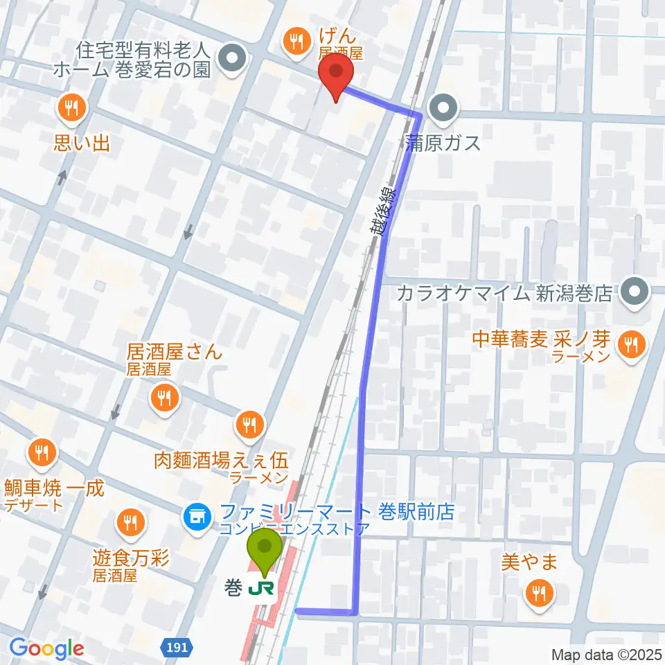 ぽかぽかラジオの最寄駅巻駅からの徒歩ルート（約5分）地図