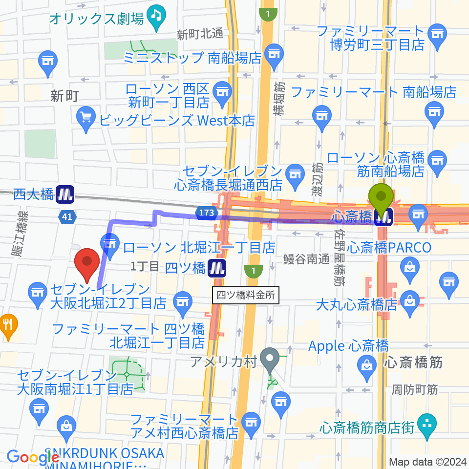 心斎橋駅から北堀江club vijonへのルートマップ地図