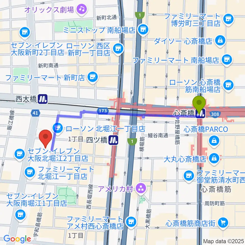 心斎橋駅から北堀江club vijonへのルートマップ地図