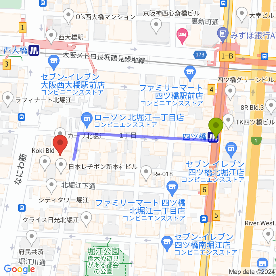四ツ橋駅から北堀江club vijonへのルートマップ地図