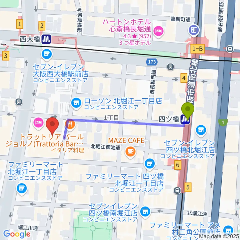 四ツ橋駅から北堀江club vijonへのルートマップ地図
