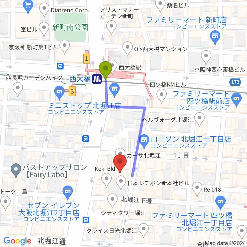 北堀江club vijonの最寄駅西大橋駅からの徒歩ルート（約3分）地図