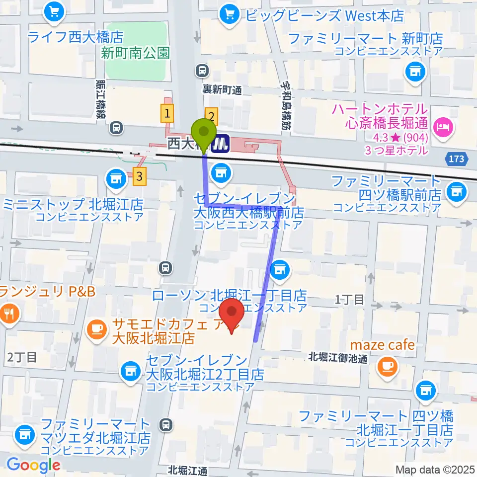 北堀江club vijonの最寄駅西大橋駅からの徒歩ルート（約3分）地図