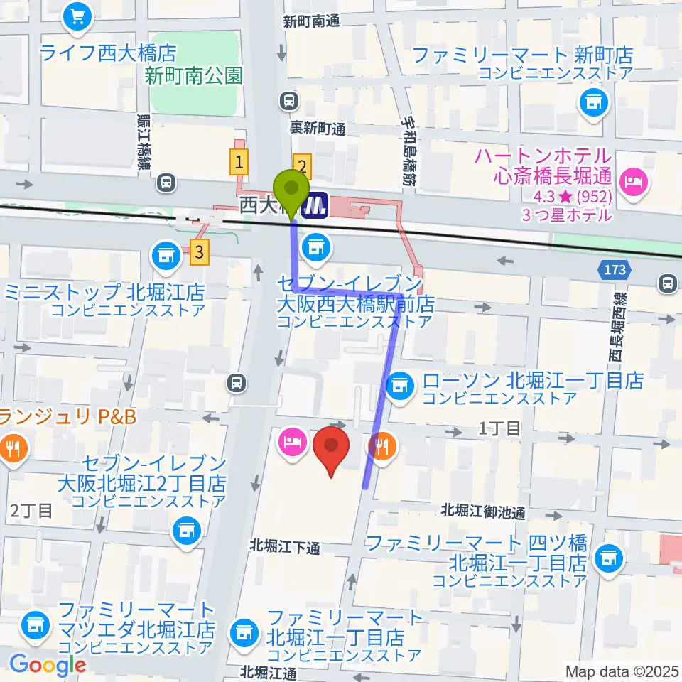 北堀江club vijonの最寄駅西大橋駅からの徒歩ルート（約3分）地図
