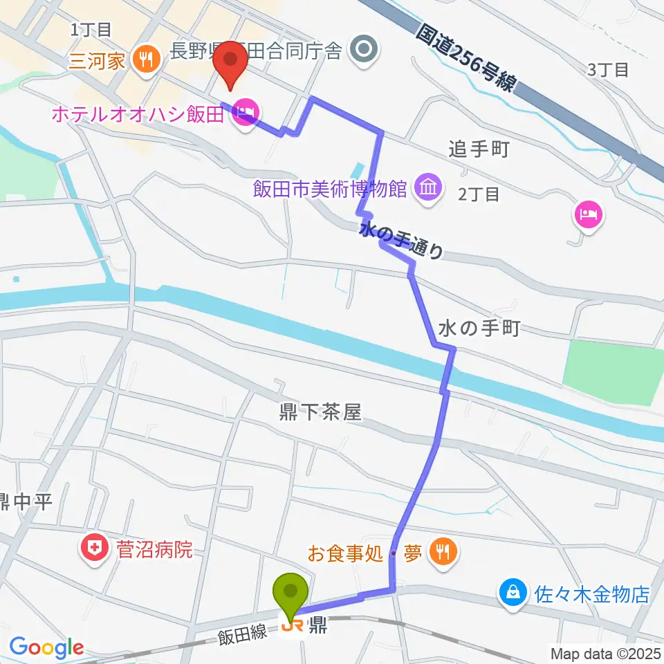 いいだFM・iステーションの最寄駅鼎駅からの徒歩ルート（約12分）地図