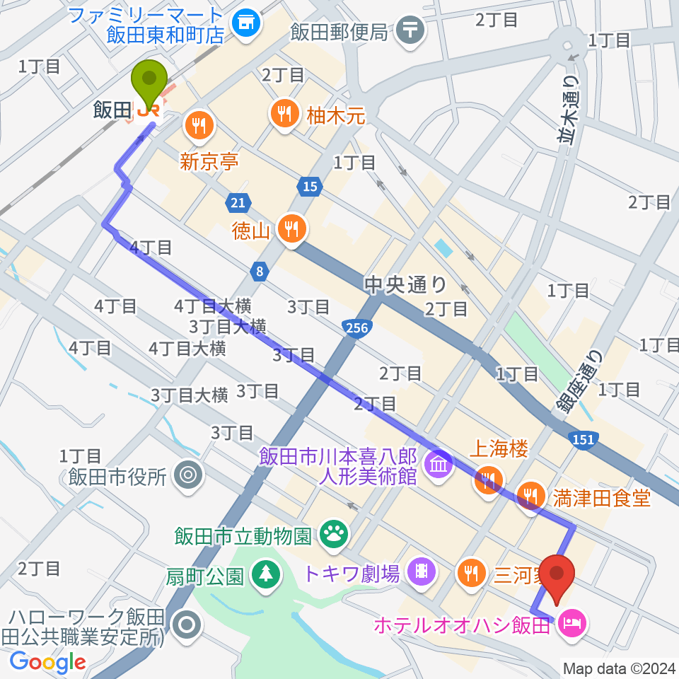 飯田駅からいいだFM・iステーションへのルートマップ地図