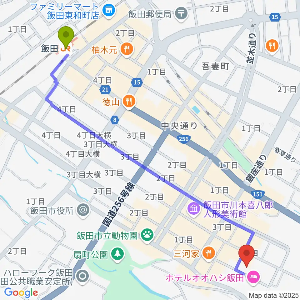 飯田駅からいいだFM・iステーションへのルートマップ地図