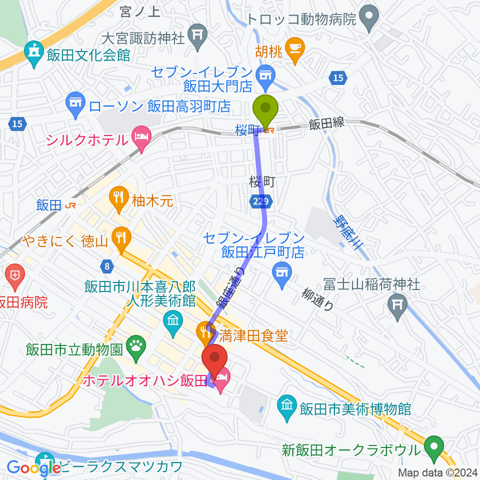 桜町駅からいいだFM・iステーションへのルートマップ地図