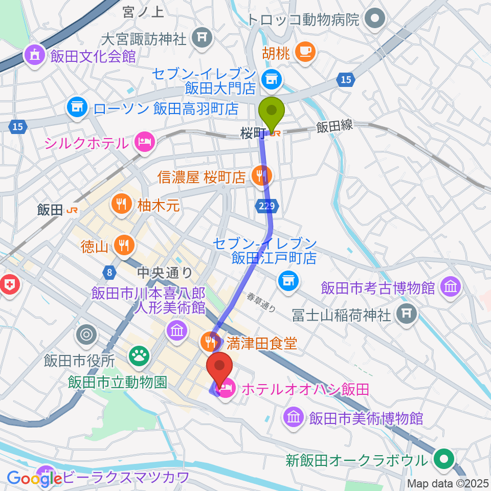 桜町駅からいいだFM・iステーションへのルートマップ地図