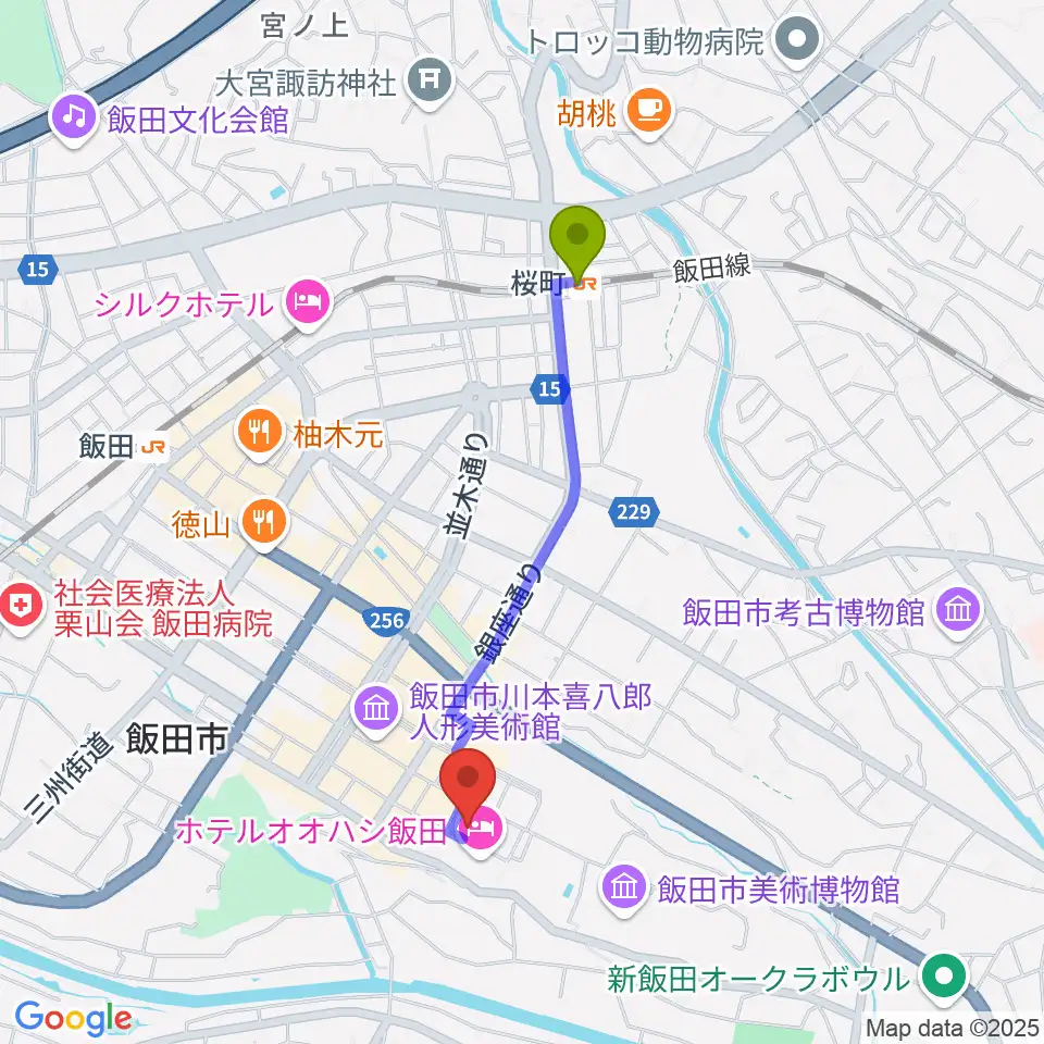 桜町駅からいいだFM・iステーションへのルートマップ地図