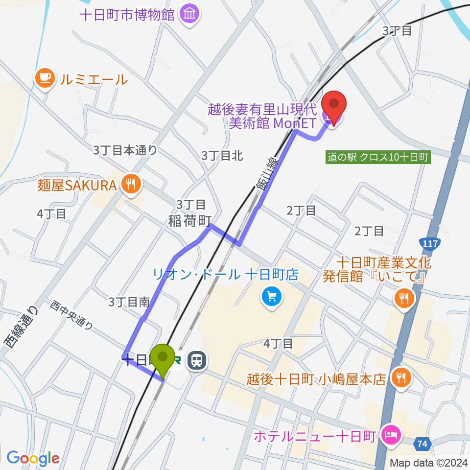 エフエムとおかまちの最寄駅十日町駅からの徒歩ルート（約10分）地図