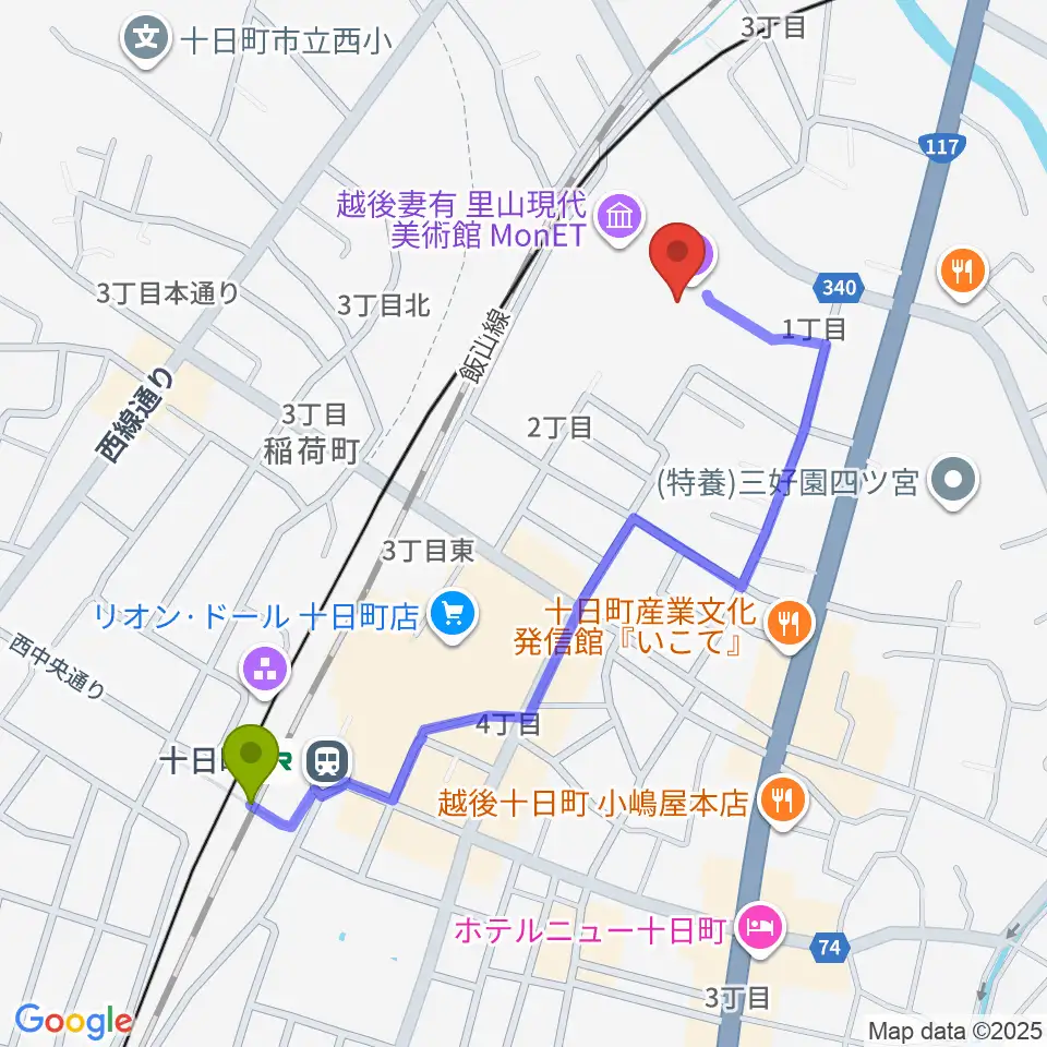 エフエムとおかまちの最寄駅十日町駅からの徒歩ルート（約10分）地図