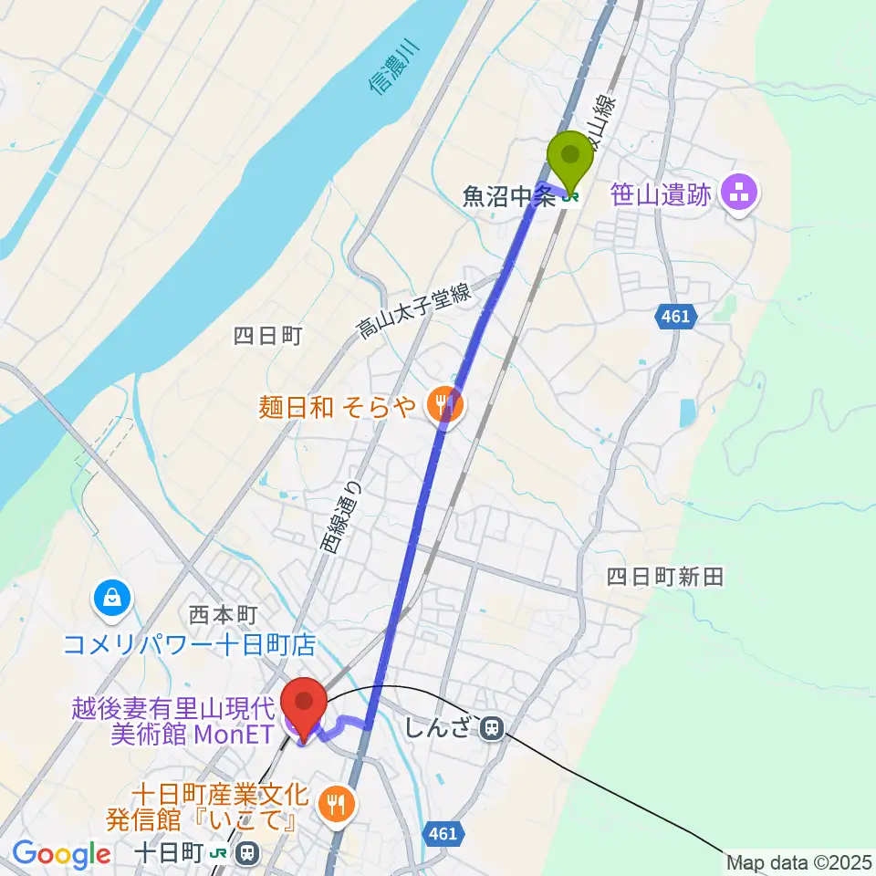 魚沼中条駅からエフエムとおかまちへのルートマップ地図