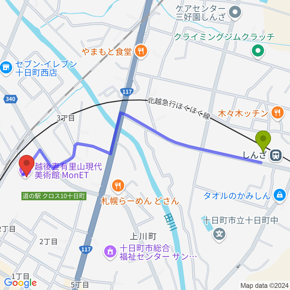 しんざ駅からエフエムとおかまちへのルートマップ地図