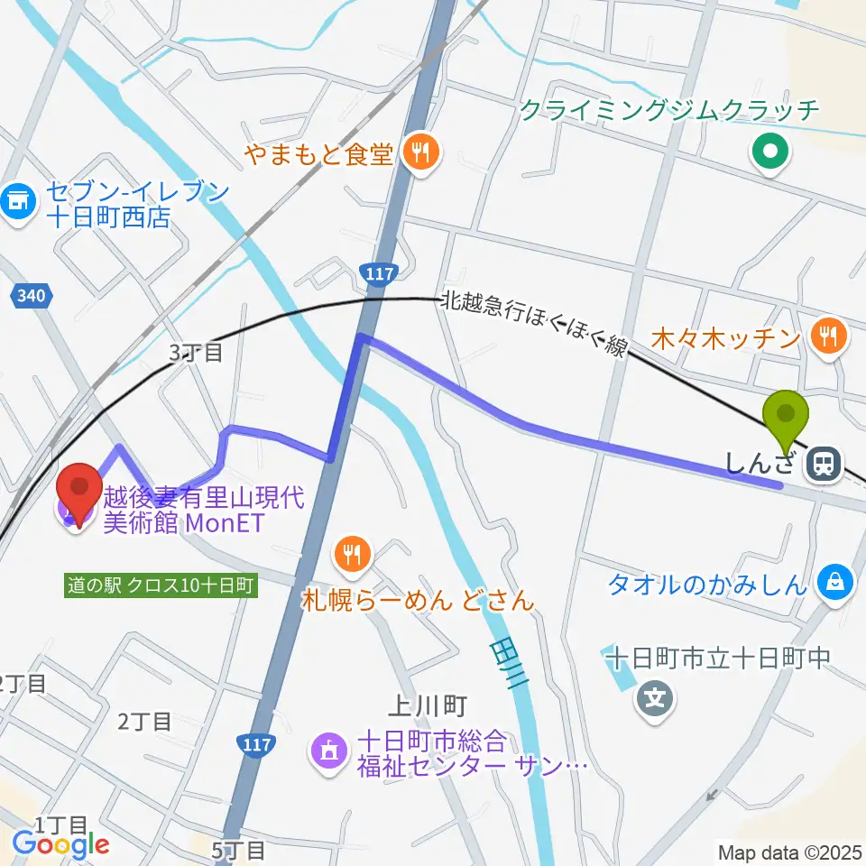 しんざ駅からエフエムとおかまちへのルートマップ地図