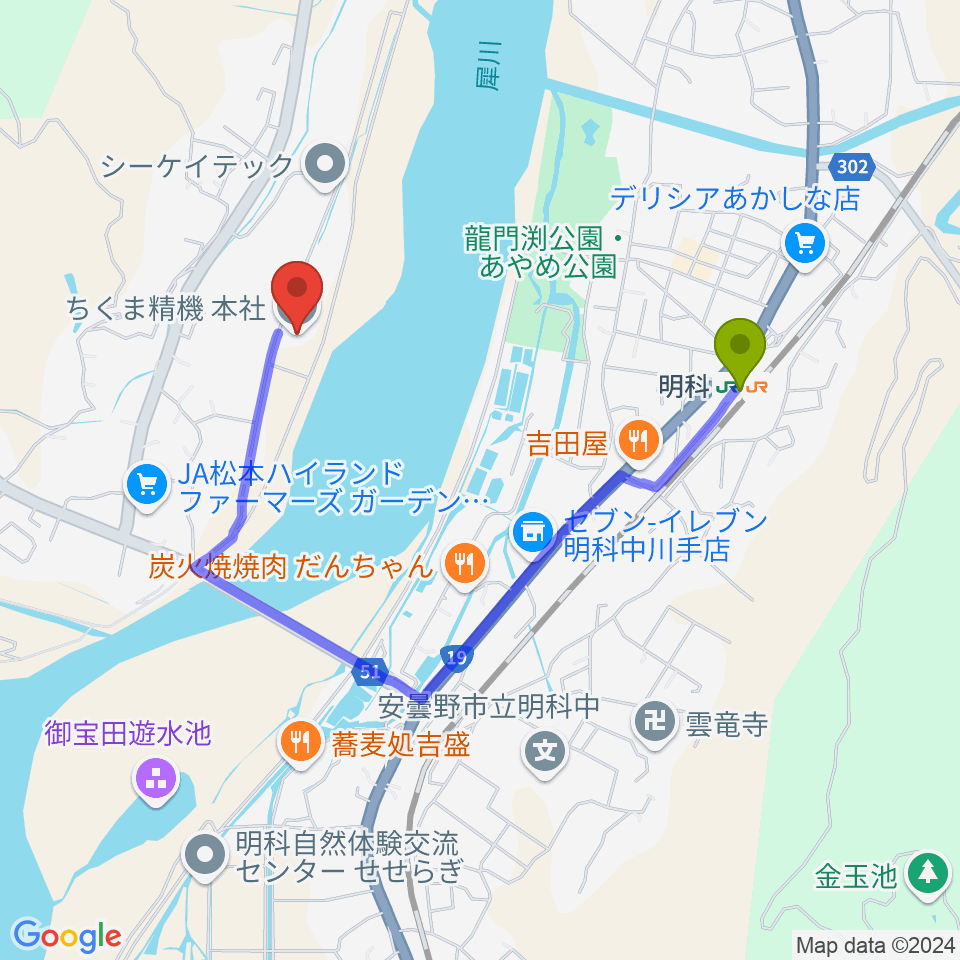 あづみ野エフエムの最寄駅明科駅からの徒歩ルート（約14分）地図