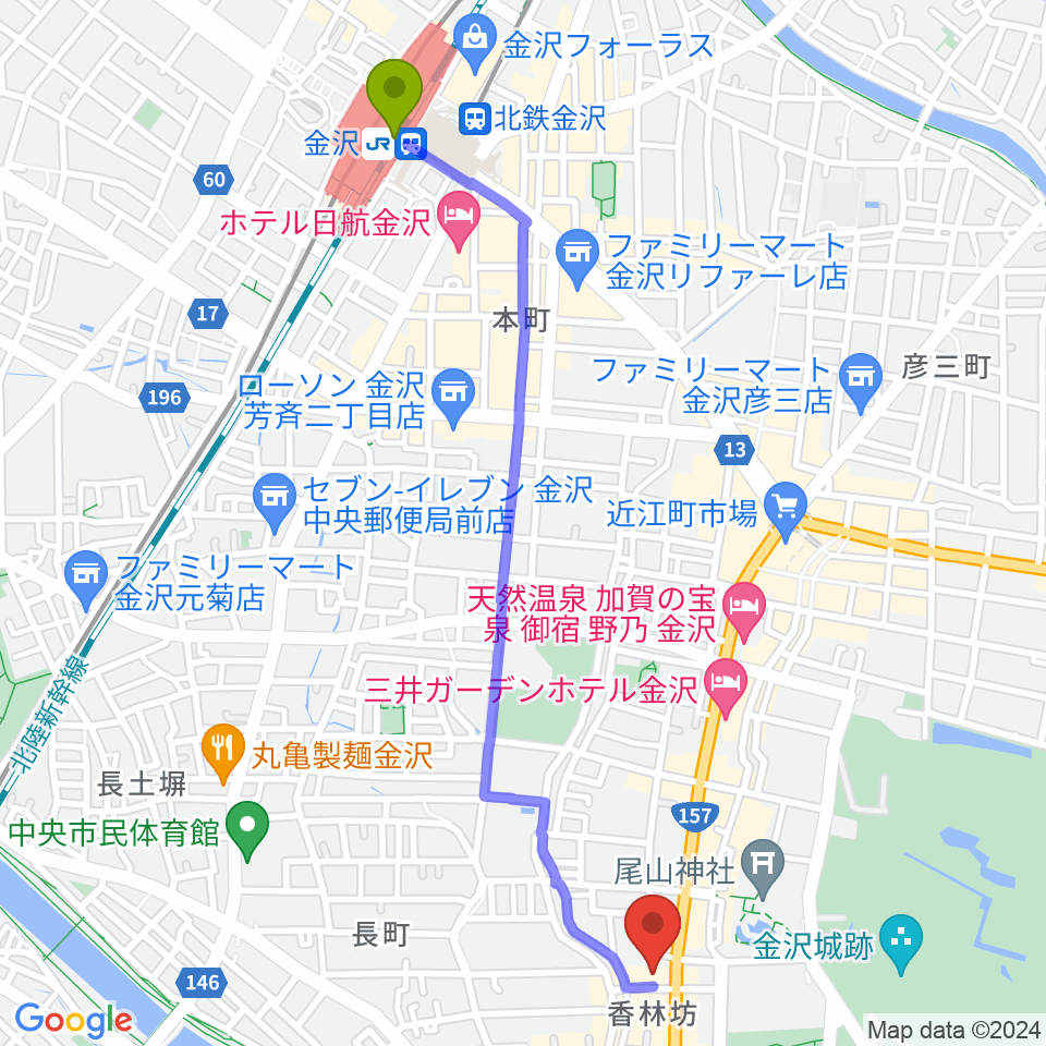 金沢駅からラジオかなざわへのルートマップ地図