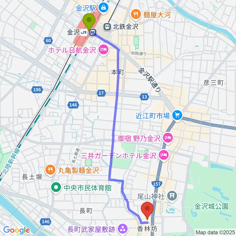 金沢駅からラジオかなざわへのルートマップ地図