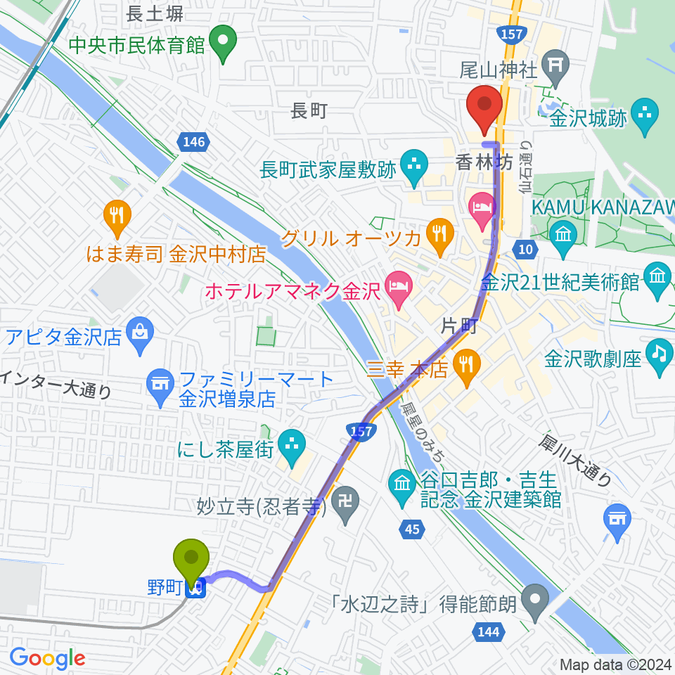 ラジオかなざわの最寄駅野町駅からの徒歩ルート（約24分）地図