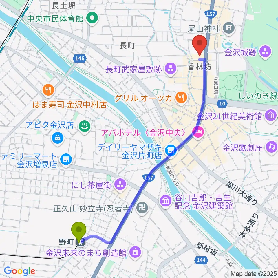 ラジオかなざわの最寄駅野町駅からの徒歩ルート（約24分）地図