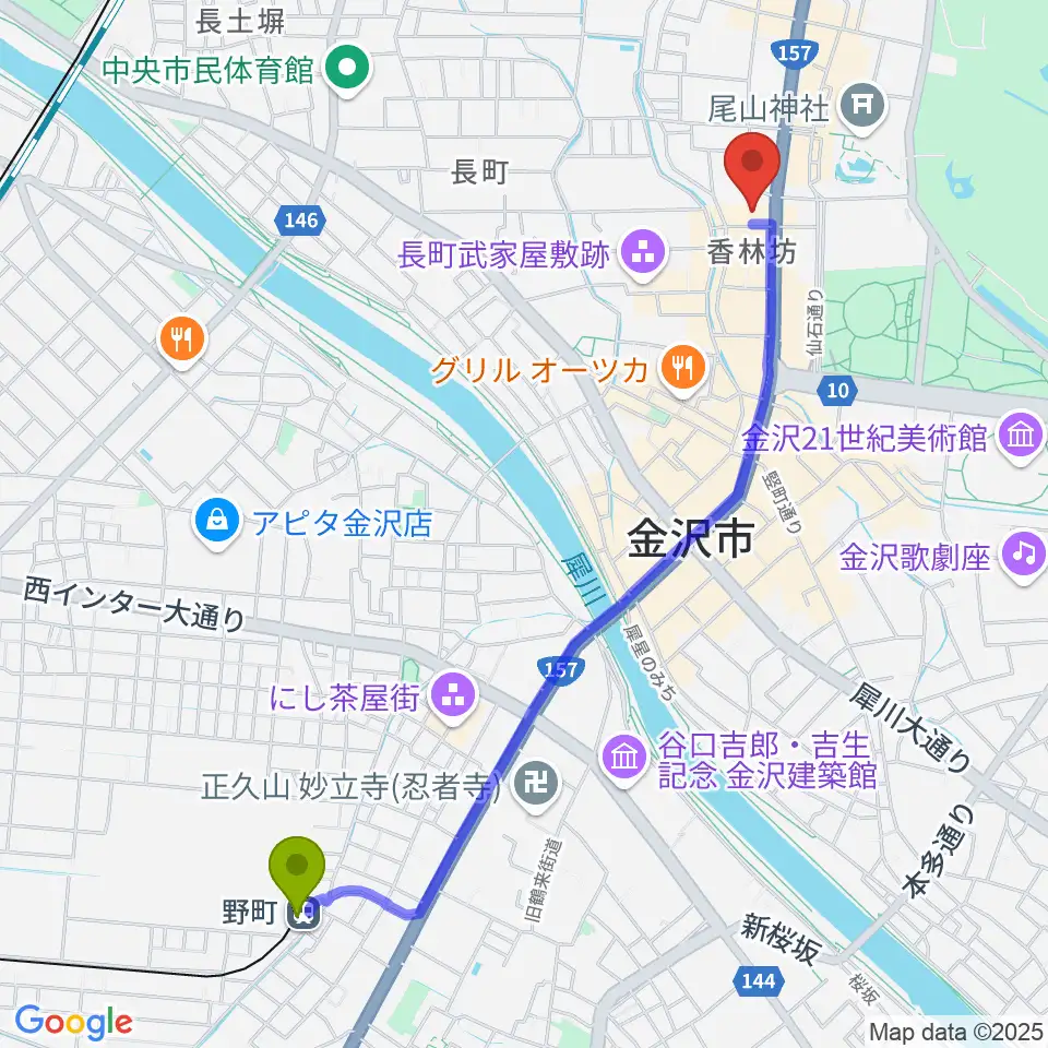 ラジオかなざわの最寄駅野町駅からの徒歩ルート（約24分）地図